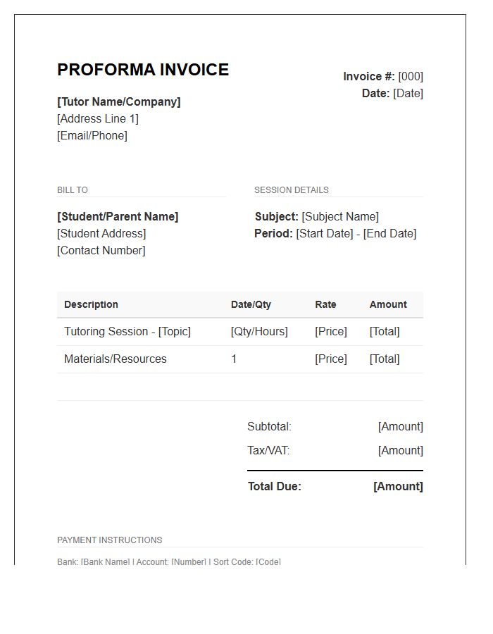 Private Tutoring Proforma Invoice Template