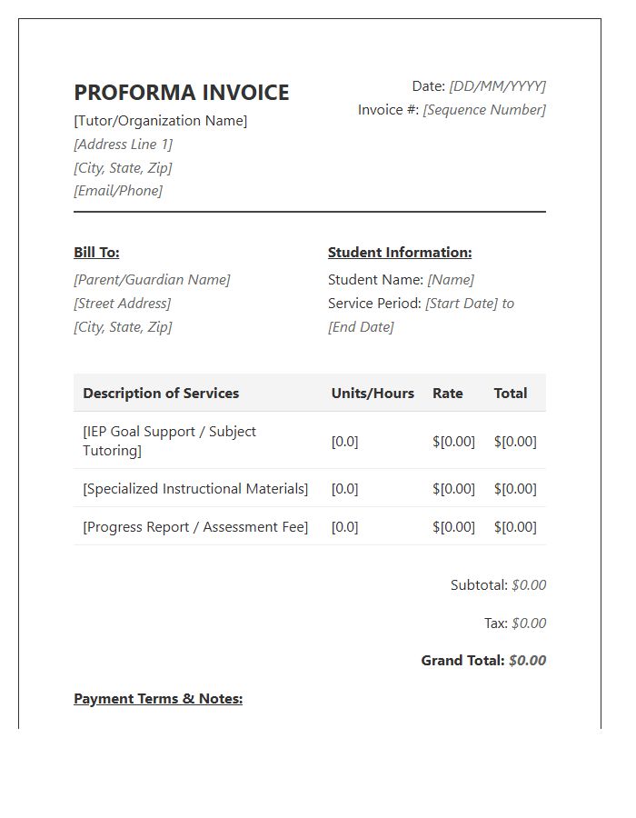 Special Education Tutoring Proforma Invoice Template