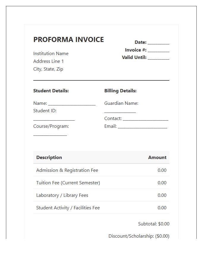 Student Registration Fee Proforma Invoice Template