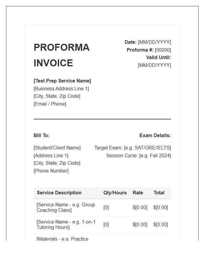 Test Preparation Service Proforma Invoice Template