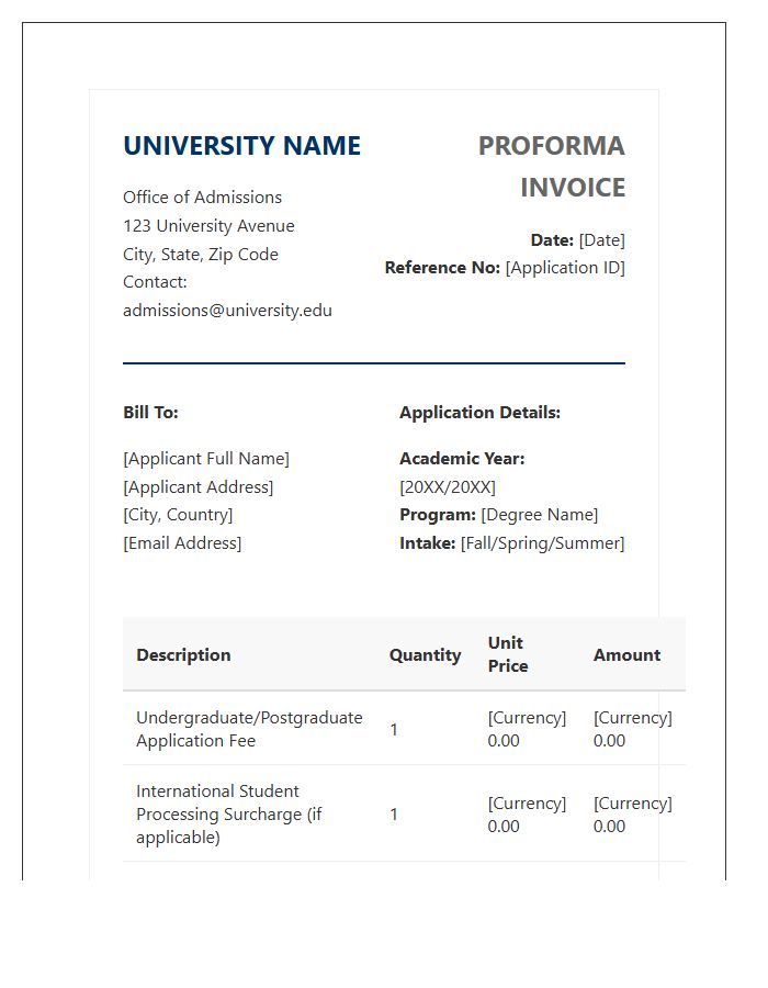 University Application Fee Proforma Invoice Template