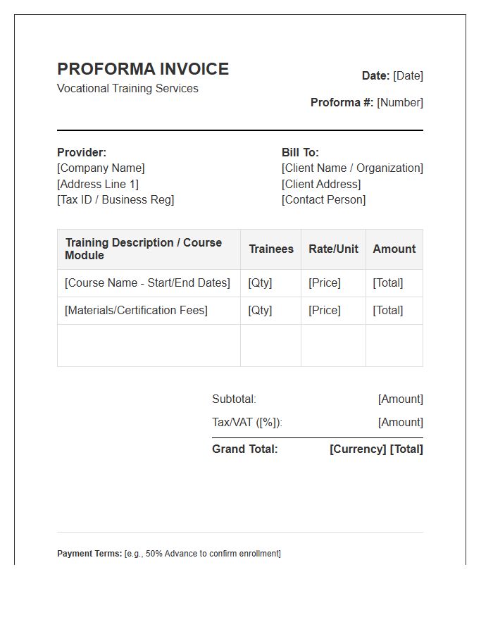 Vocational Training Services Proforma Invoice Template