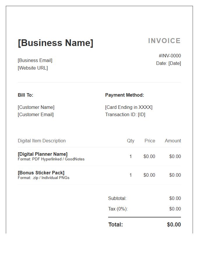 Digital Planner Purchase Invoice Template