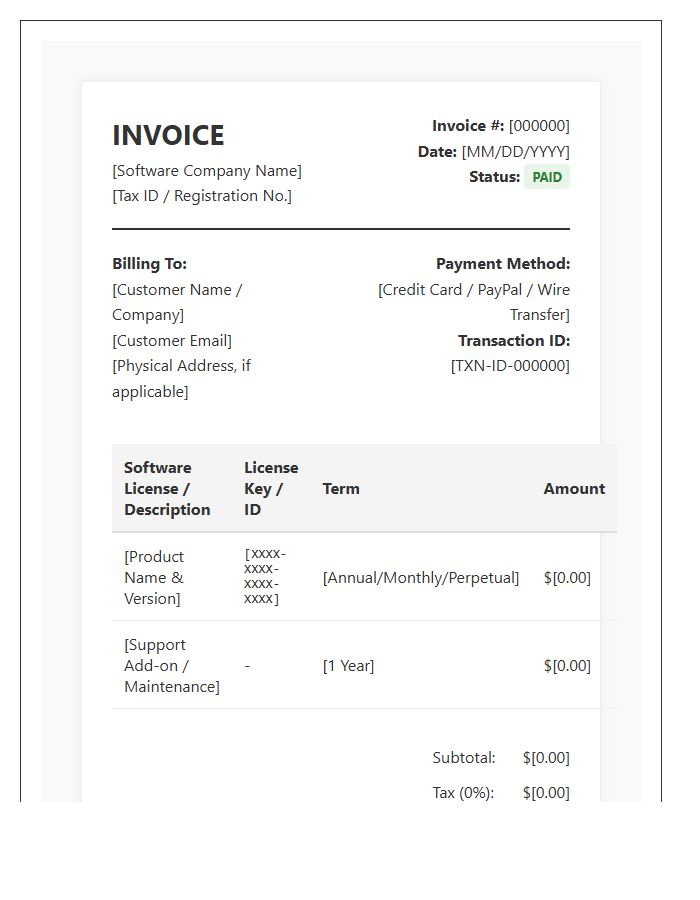 Digital Software License Invoice Template