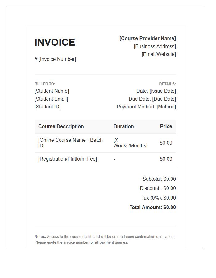 Online Course Enrollment Invoice Template