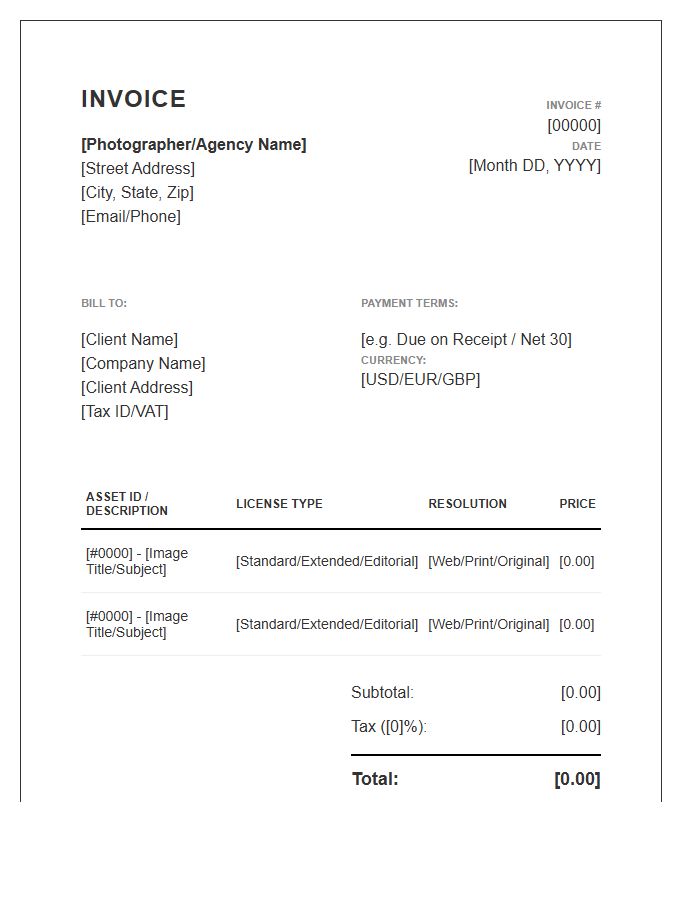 Stock Photography Purchase Invoice Template