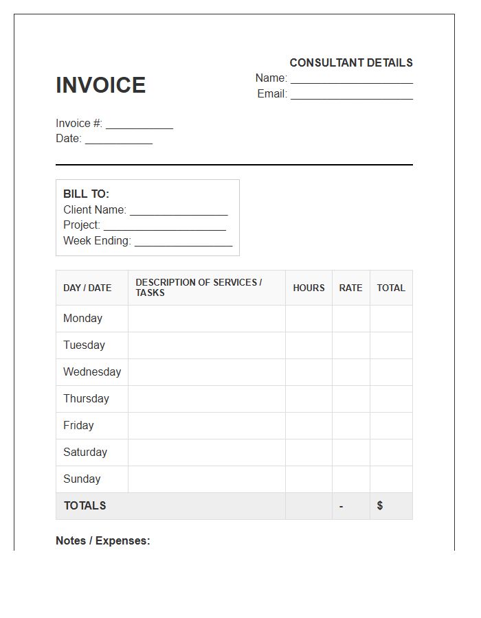 Consultant Weekly Timesheet Billing Invoice Template