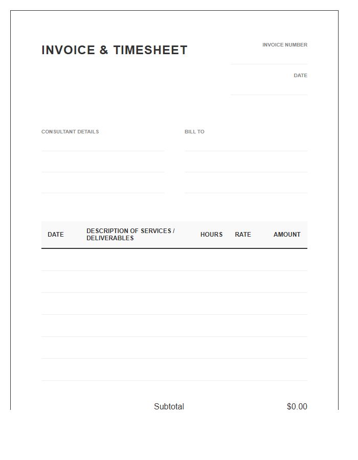 Executive Consultant Timesheet Invoice Template