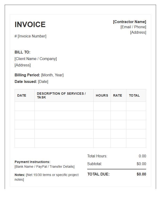 Independent Contractor Monthly Timesheet Invoice Template
