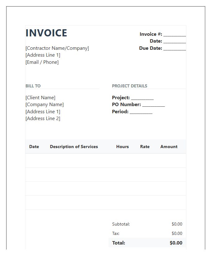 Professional Contractor Hourly Timesheet Invoice Template