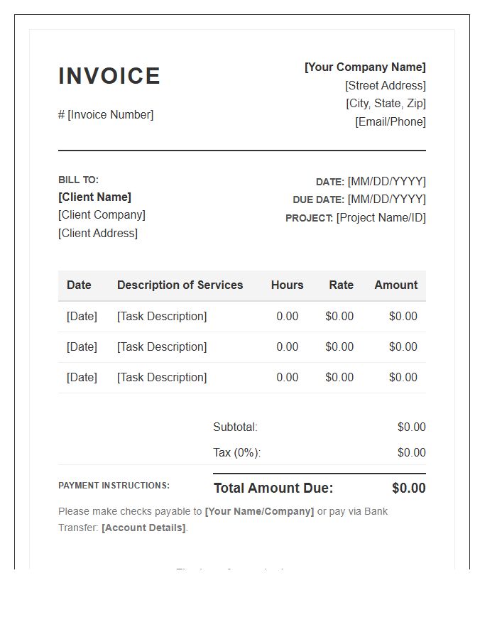 Professional Services Hours Tracking Invoice Template