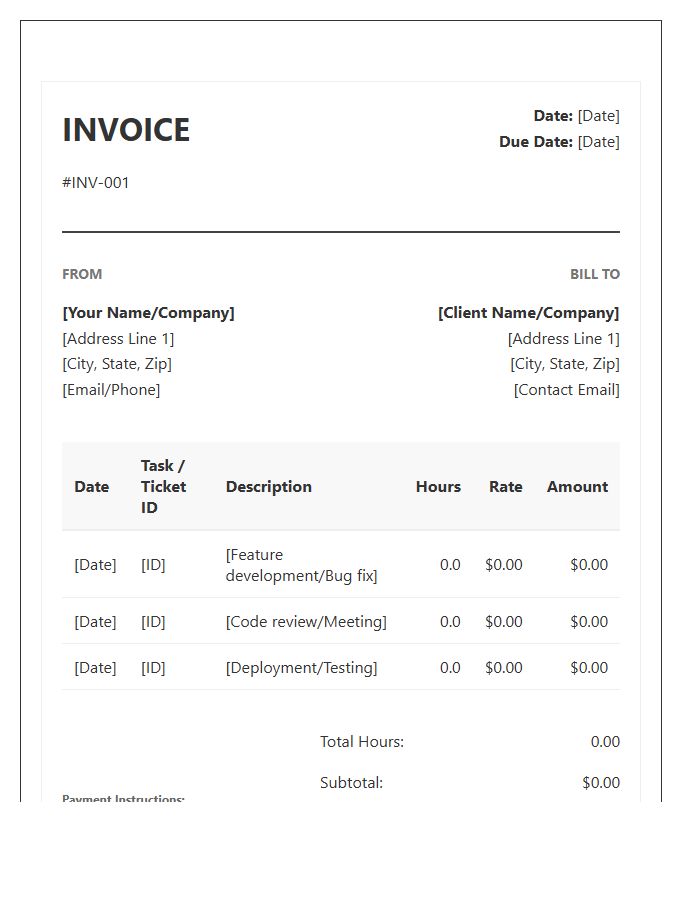 Software Developer Timesheet Invoice Template