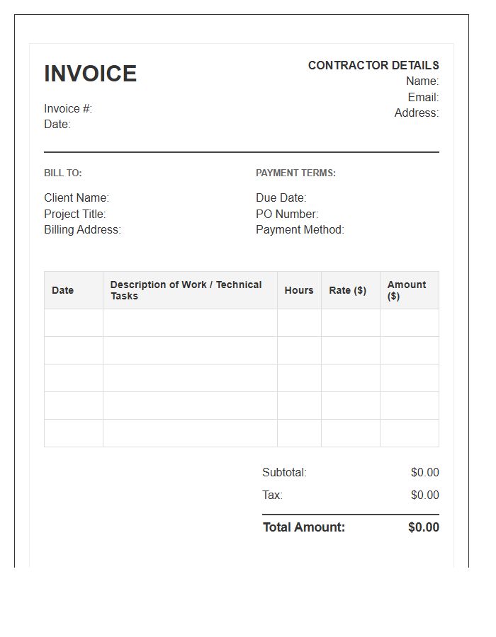 Technical Contractor Timesheet Invoice Template