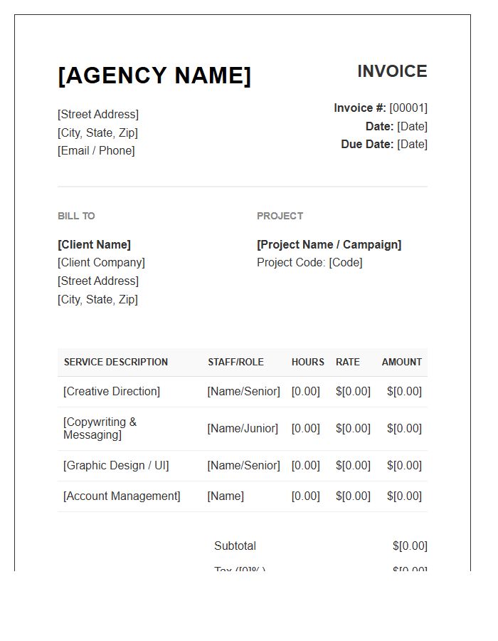 Advertising Agency Hourly Rate Invoice Template