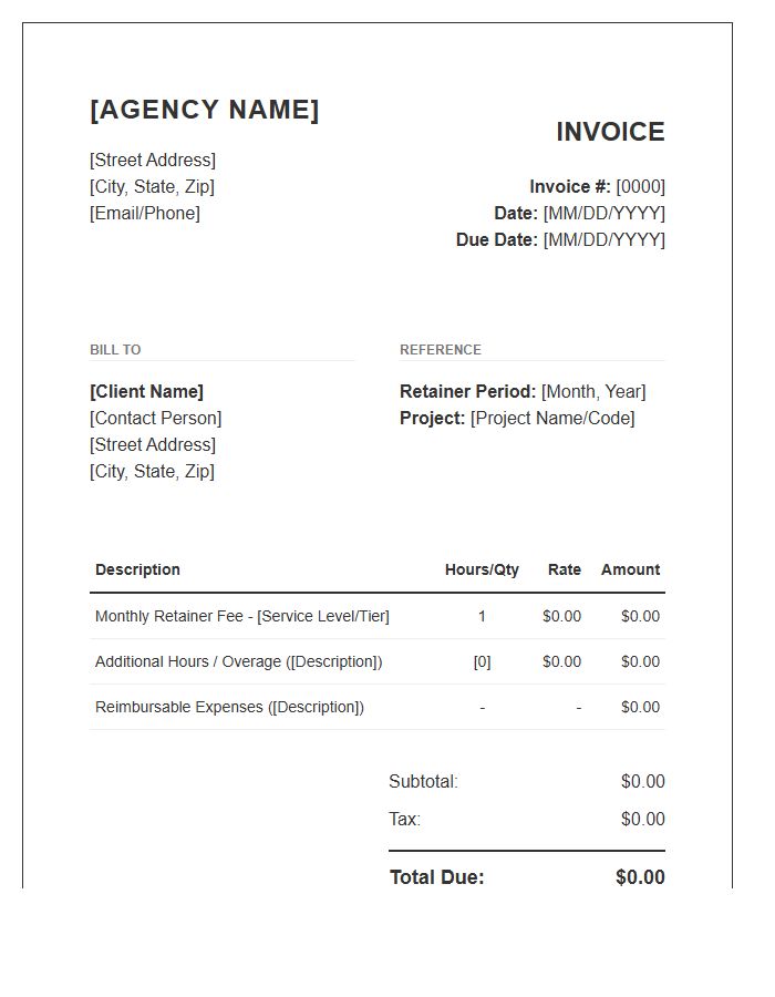 Agency Client Retainer Billing Invoice Template