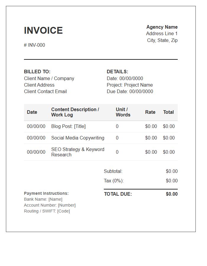 Content Agency Work Log Invoice Template