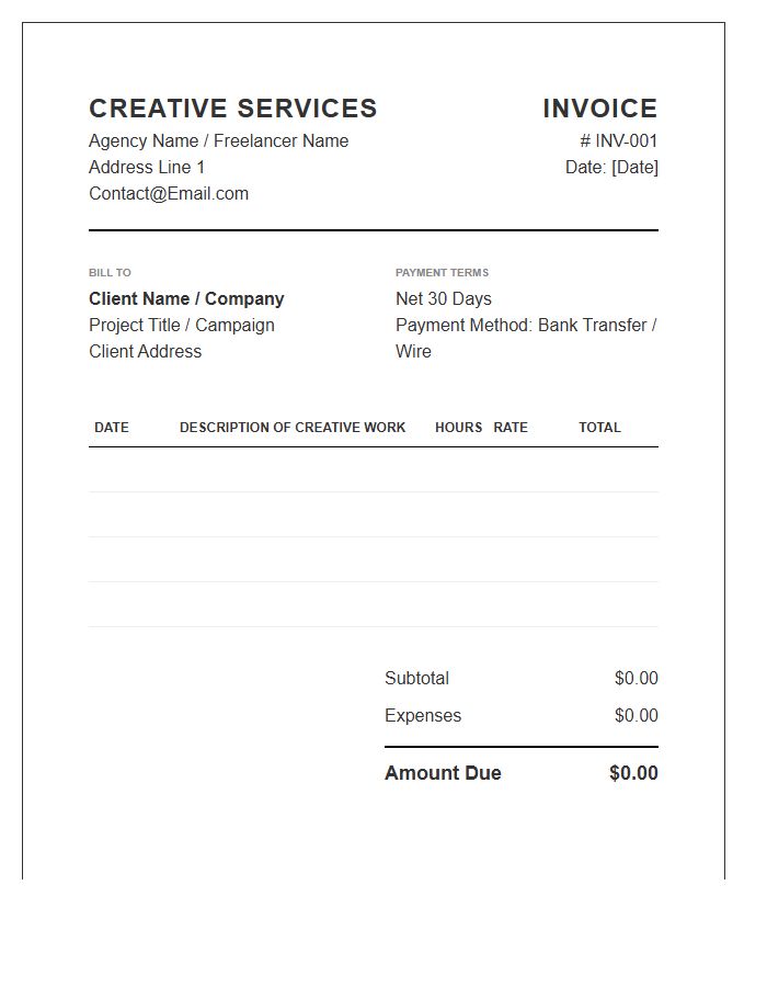 Creative Services Timesheet Billing Invoice Template