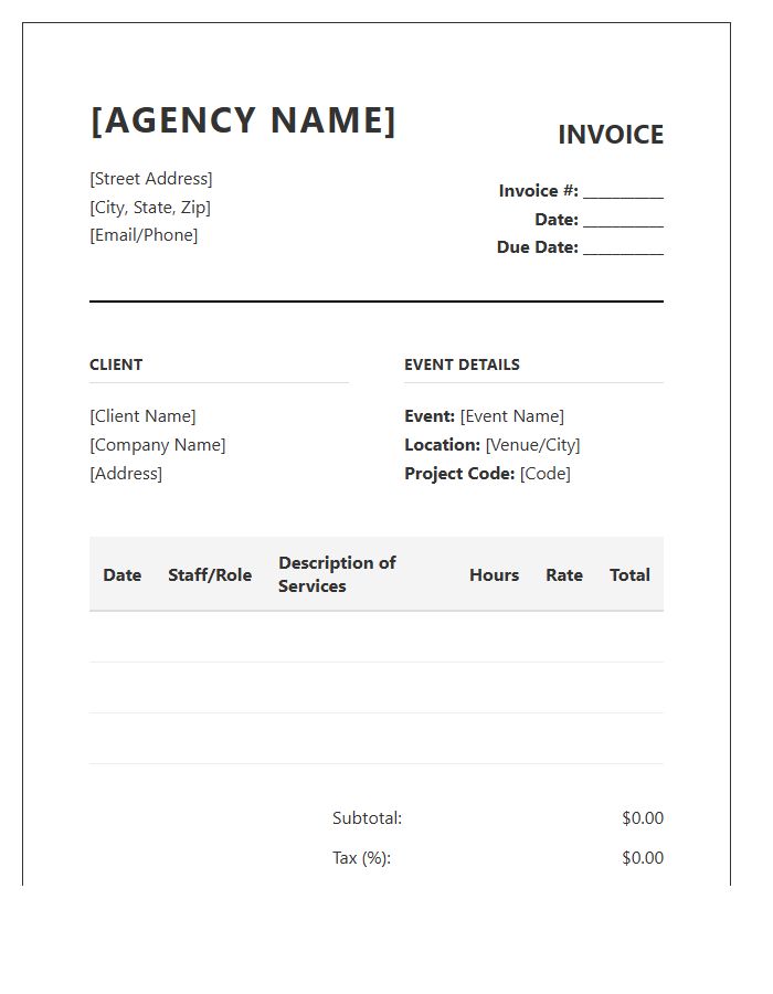 Event Management Agency Timesheet Invoice Template