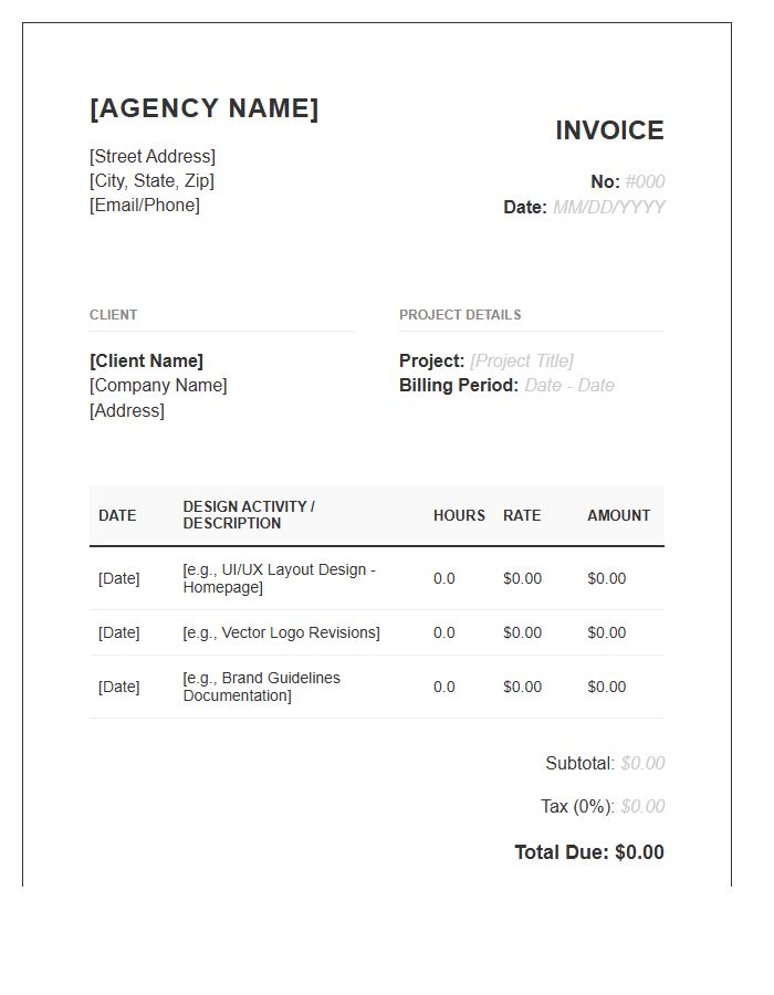 Graphic Design Agency Timesheet Invoice Template