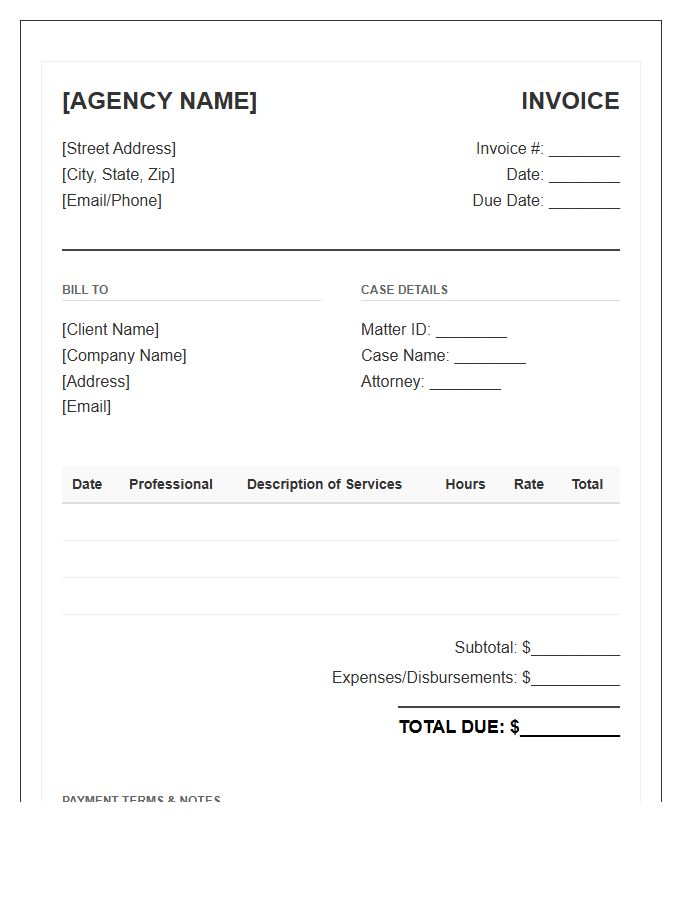 Legal Agency Billable Hours Invoice Template