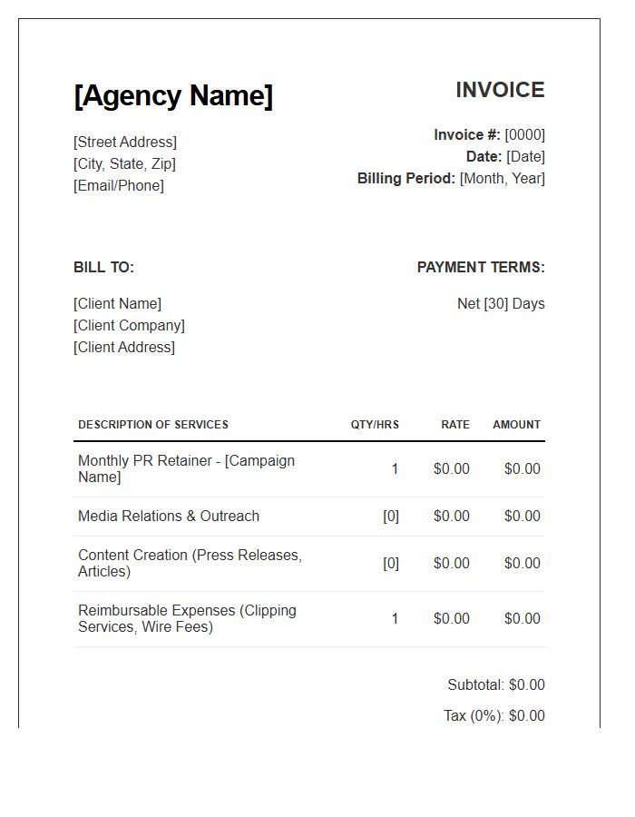 PR Agency Monthly Billing Invoice Template