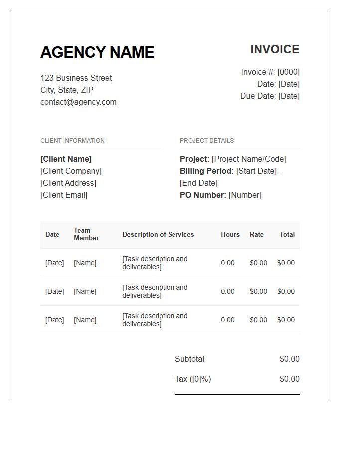 Professional Agency Billing Timesheet Invoice Template