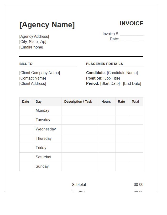 Recruitment Agency Placements Timesheet Invoice Template