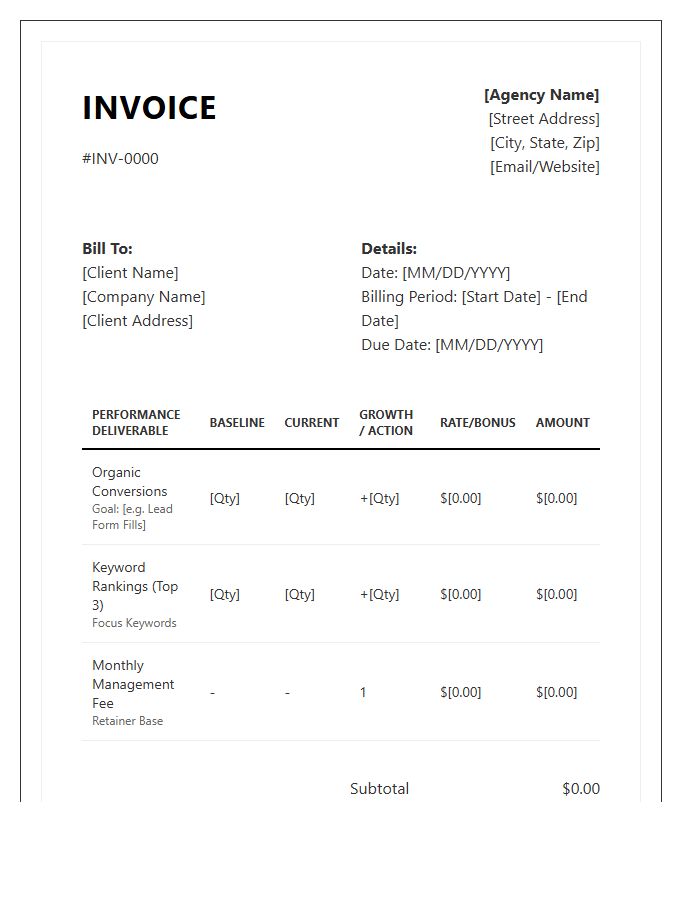 SEO Agency Performance Billing Invoice Template