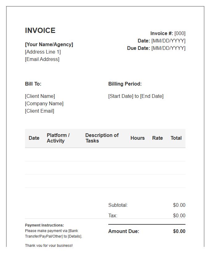 Social Media Management Timesheet Invoice Template