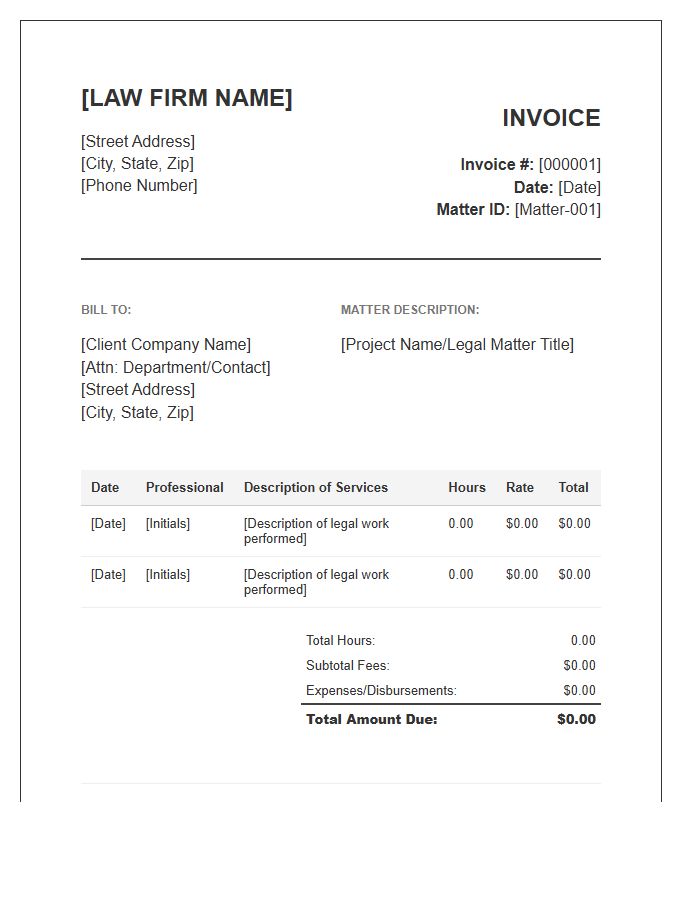 Corporate Legal Hourly Invoice Template