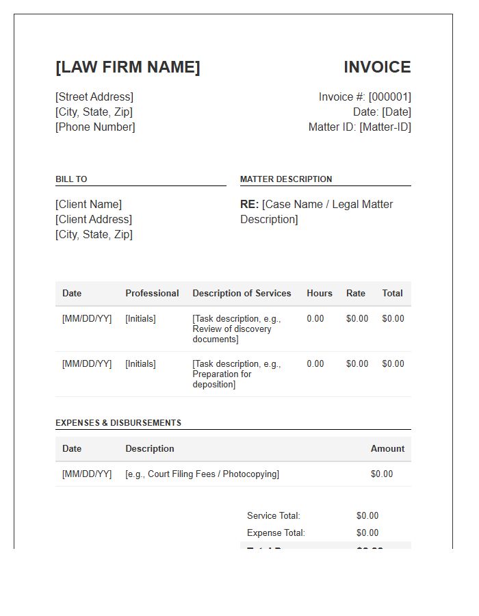Itemized Legal Hourly Invoice Template