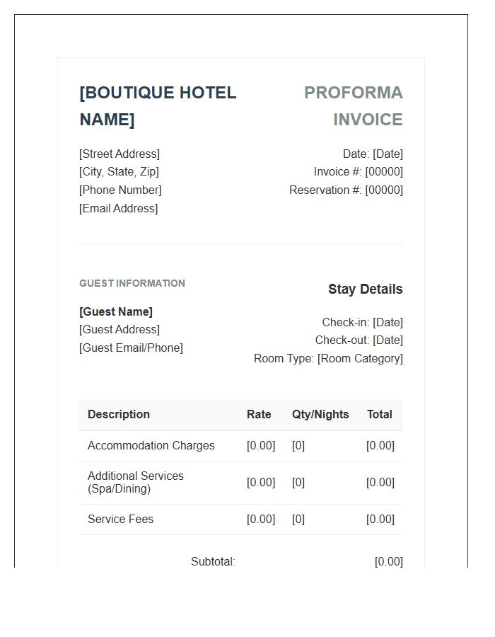 Boutique Hotel Management Proforma Invoice Template