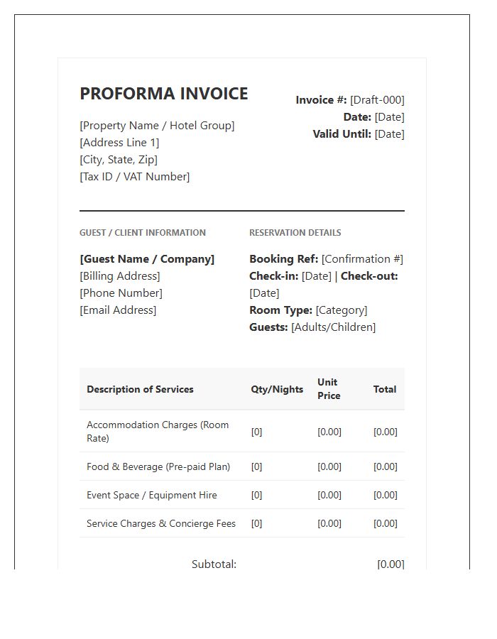 Comprehensive Hospitality Management Proforma Invoice Template