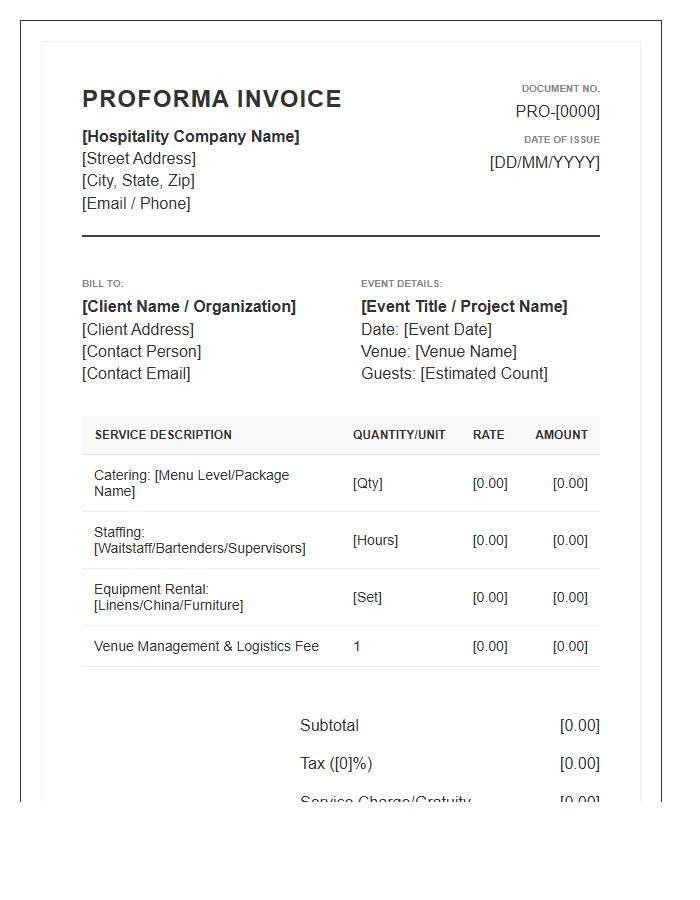 Event Hospitality Management Proforma Invoice Template