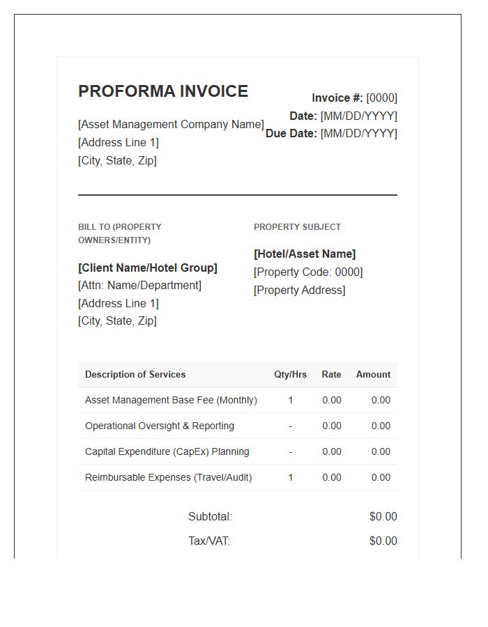 Hospitality Asset Management Proforma Invoice Template