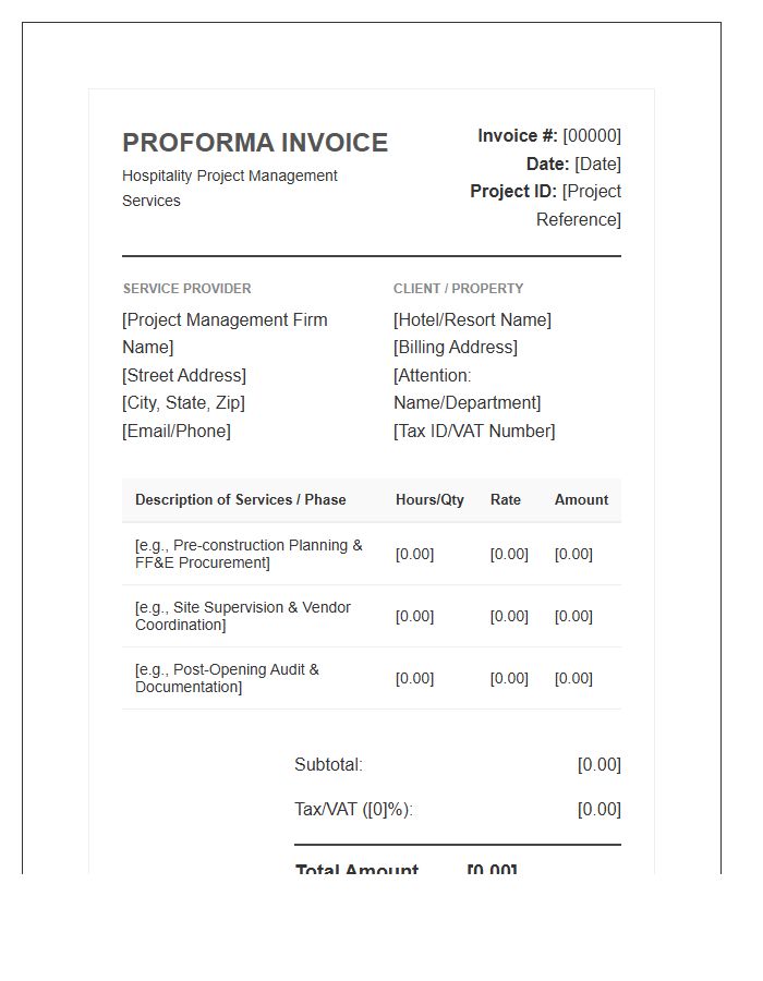 Hospitality Project Management Proforma Invoice Template