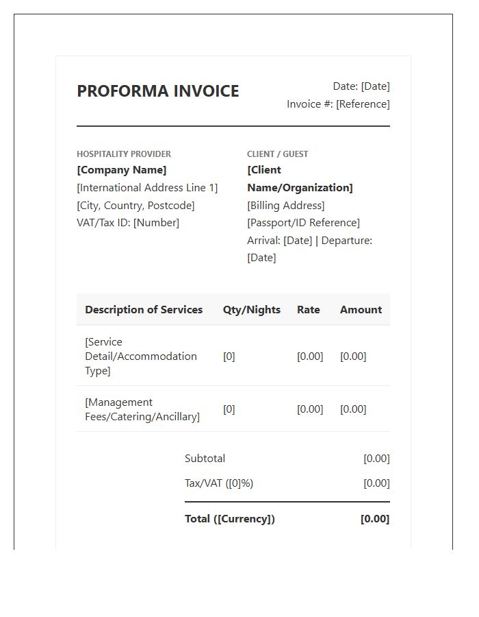 International Hospitality Management Proforma Invoice Template