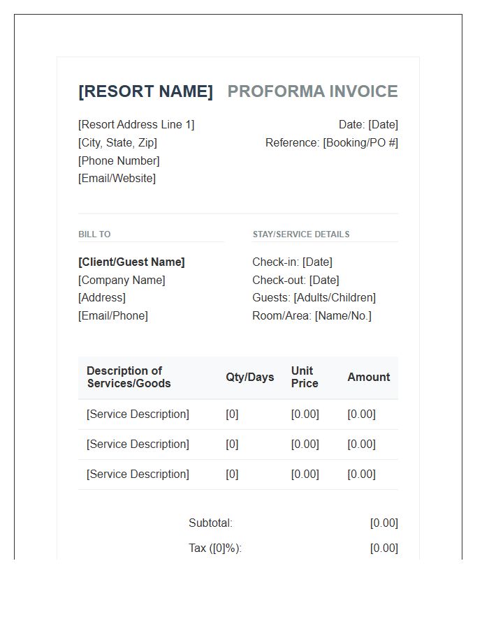 Resort Operations Management Proforma Invoice Template