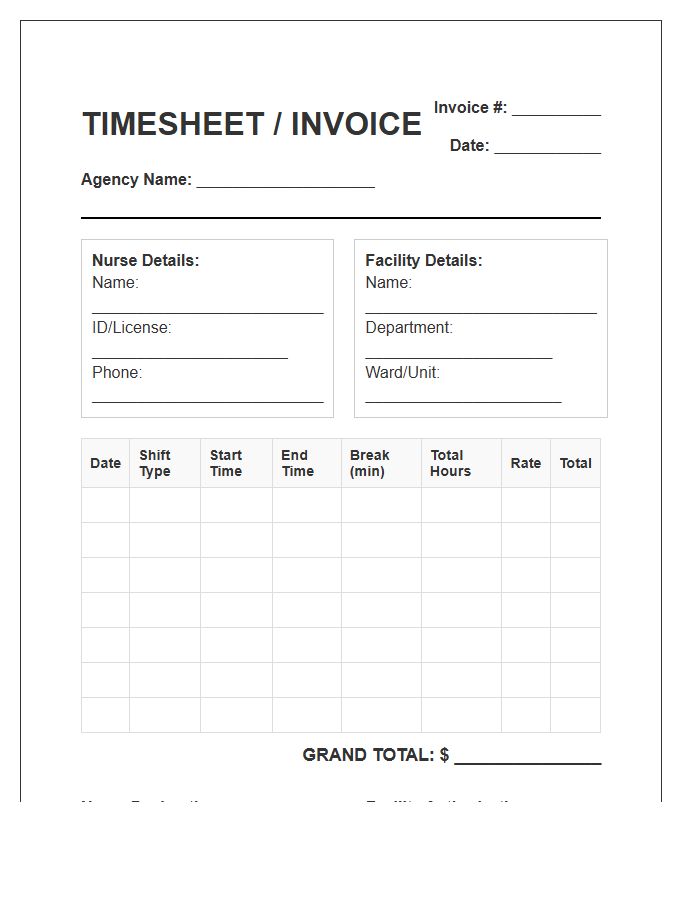 Agency Nurse Timesheet Payment Invoice Template