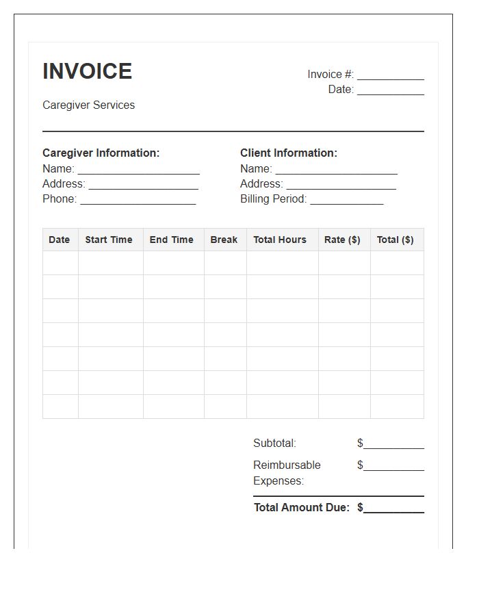 Caregiver Shift Timesheet Billing Invoice Template
