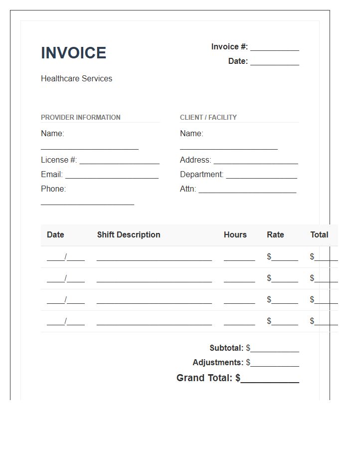 Healthcare Worker Hourly Shift Invoice Template