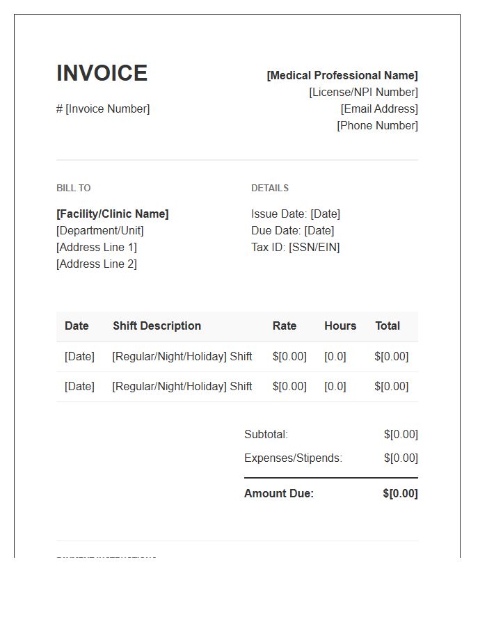 Medical Professional Shift Hourly Invoice Template