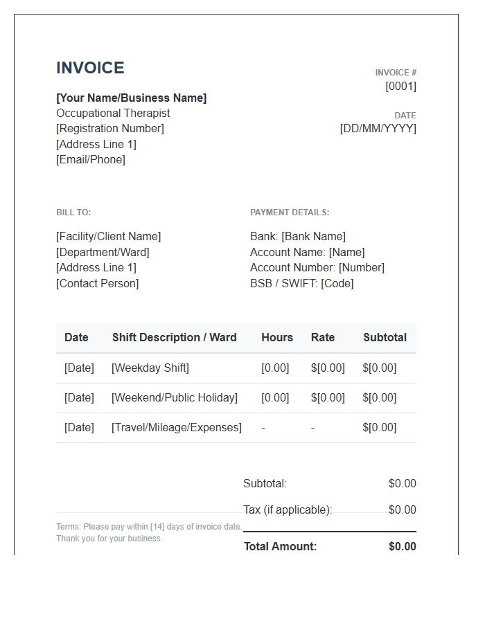 Occupational Therapist Shift Work Invoice Template