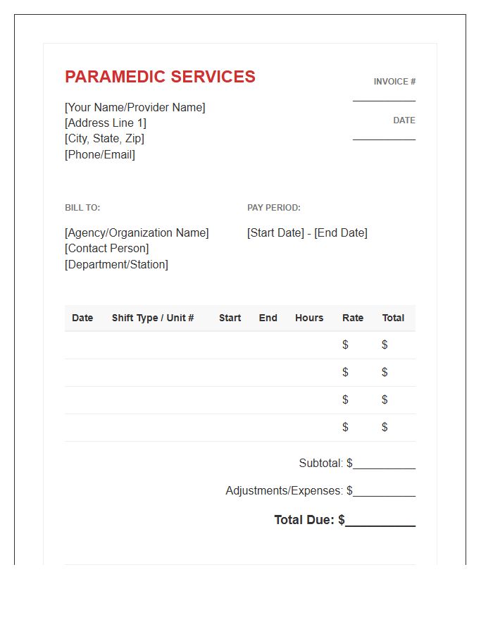 Paramedic Shift Hours Tracking Invoice Template