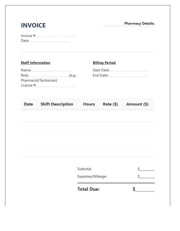 Pharmacy Staff Shift Period Invoice Template