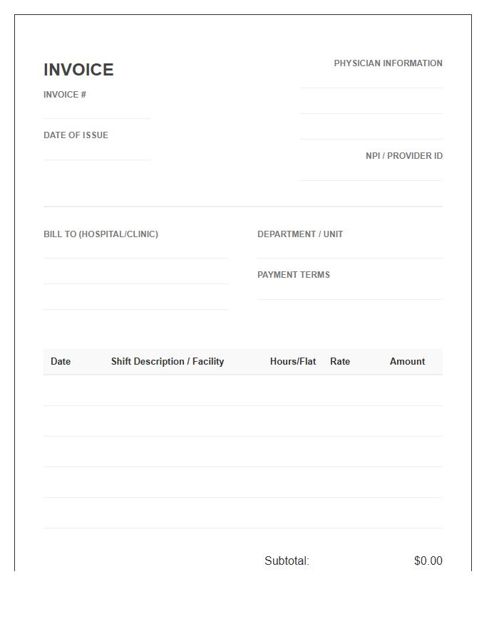 Physician On Call Shift Invoice Template