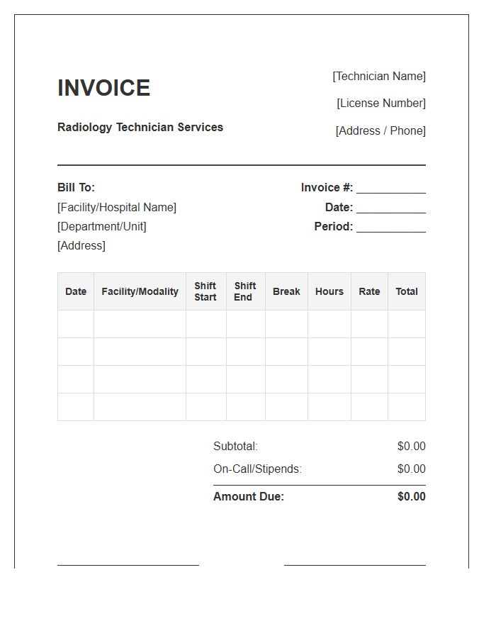 Radiology Technician Shift Timesheet Invoice Template