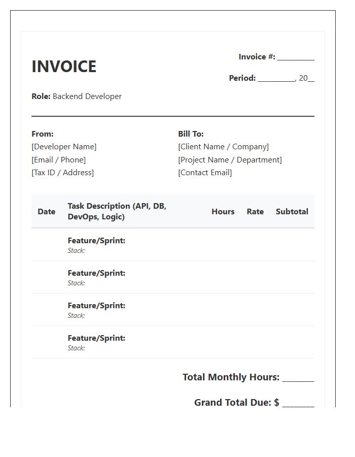 Backend Developer Monthly Timesheet Invoice Template