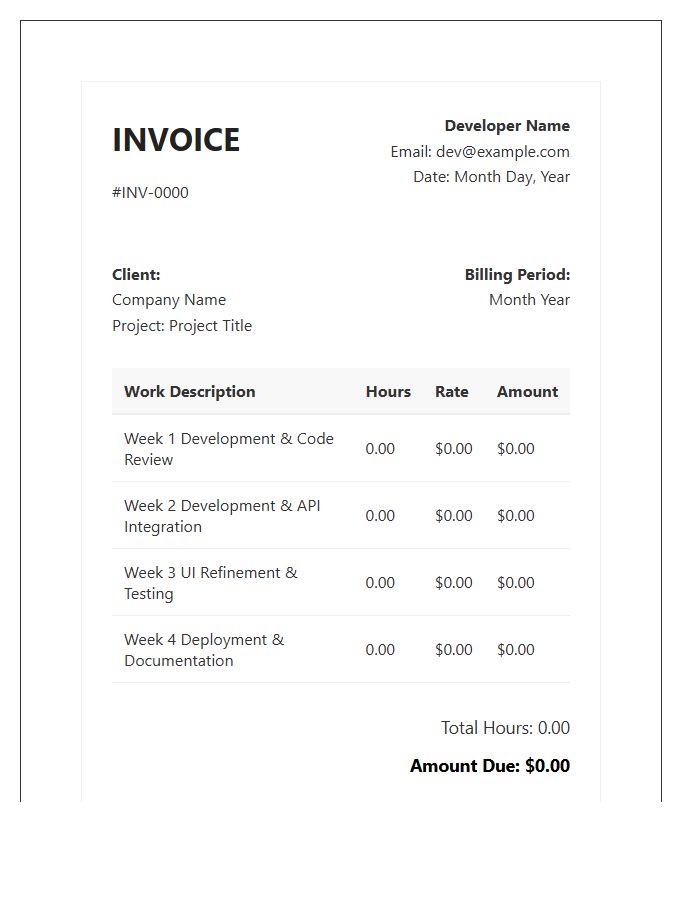 Dedicated Developer Monthly Timesheet Invoice Template