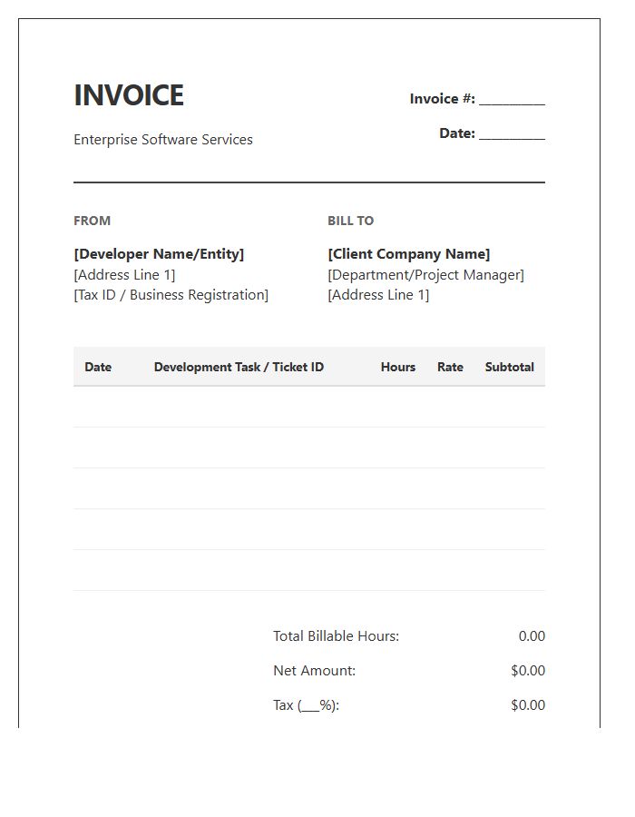 Enterprise Software Developer Monthly Timesheet Invoice Template